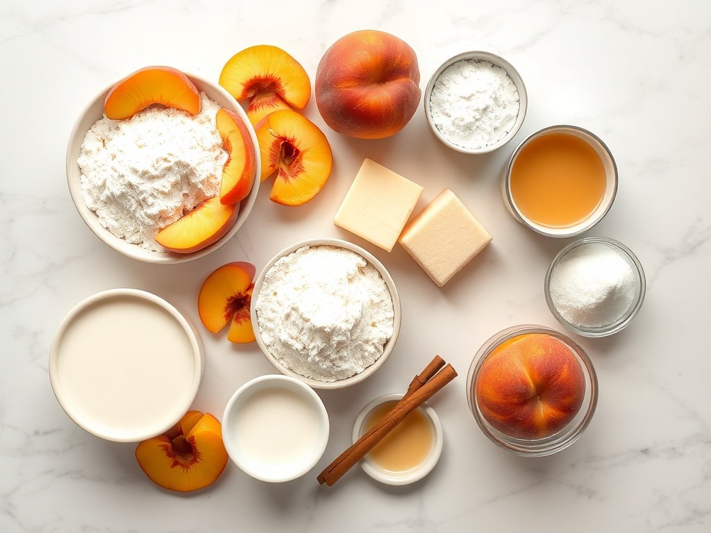 Flat lay of fresh peaches, flour, sugar, butter, and other baking ingredients for peach cobbler.