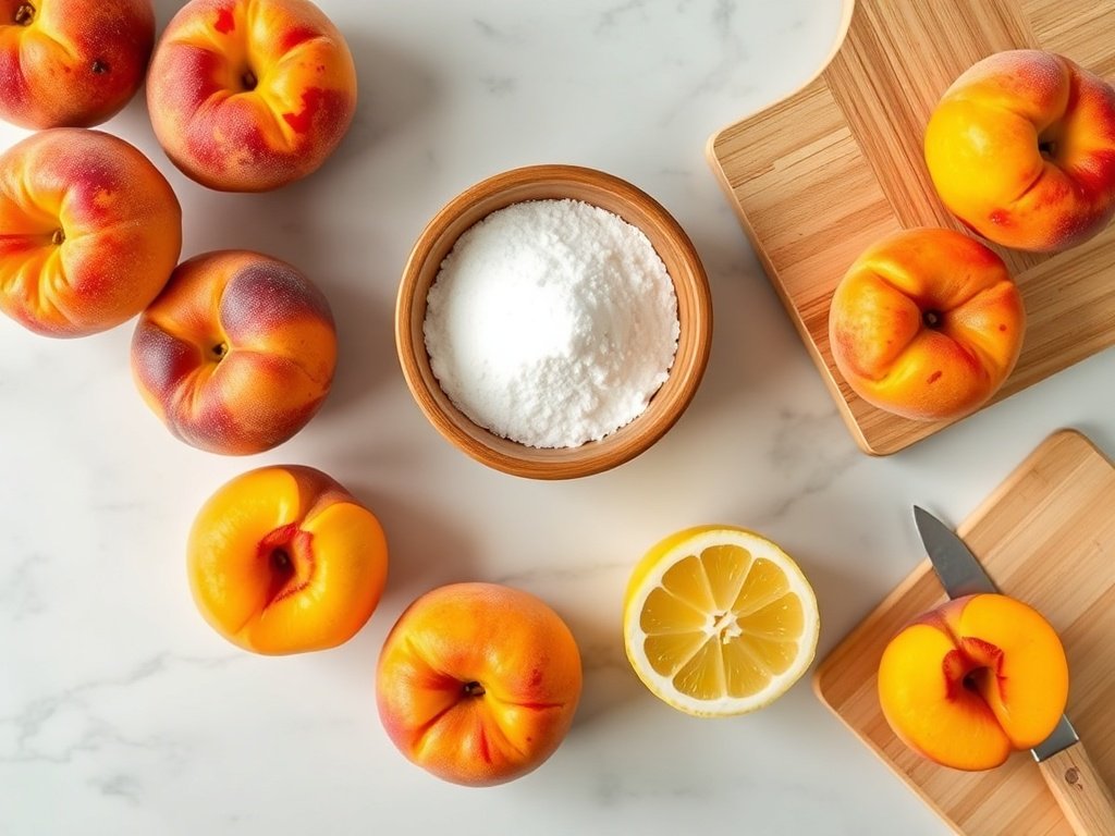 Ingredients for peach jam: peaches, sugar, lemon