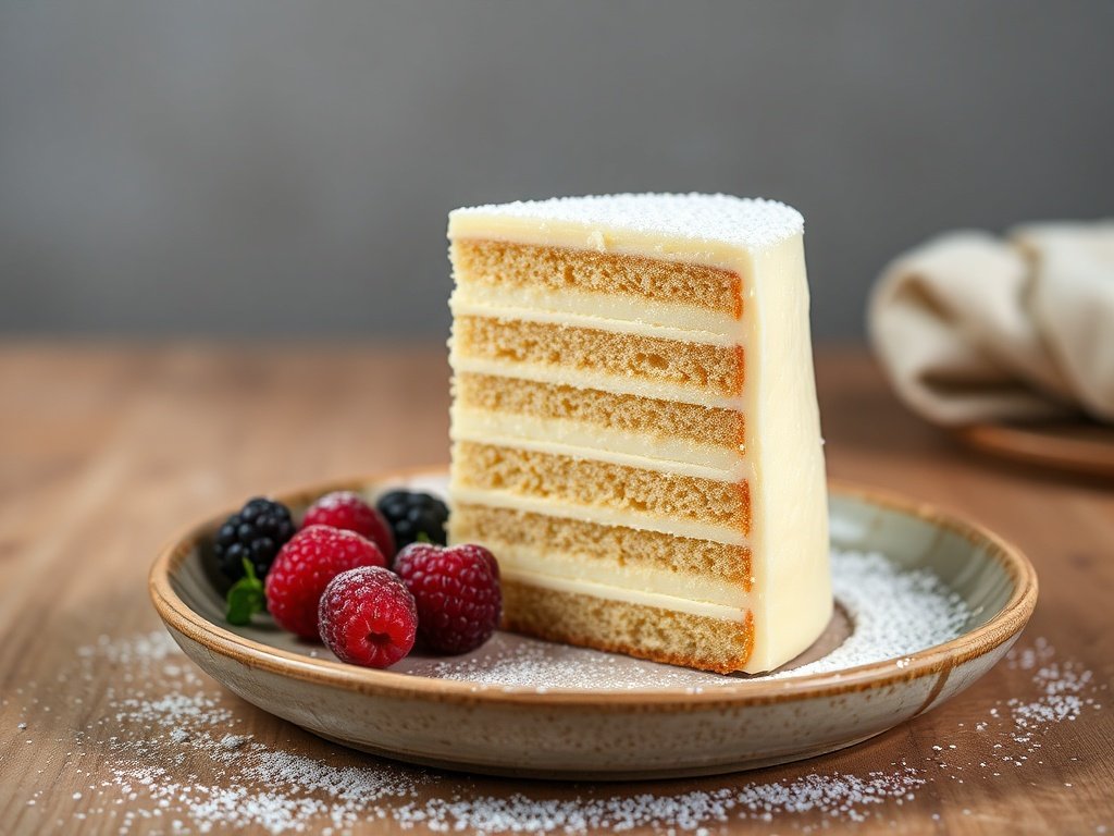 Plated slice of creamy milk pudding cake garnished with powdered sugar and fresh berries.