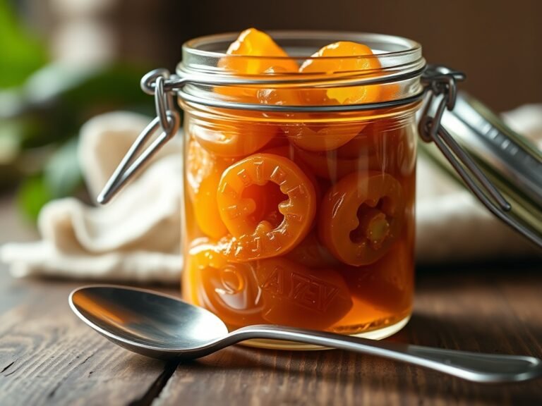 A jar of homemade cowboy candy filled with candied jalapeño rings in a golden syrup, on a rustic wood table.