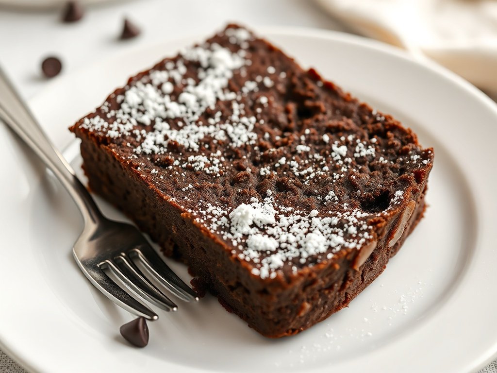 A plated slice of chocolate zucchini bread dusted with powdered sugar.