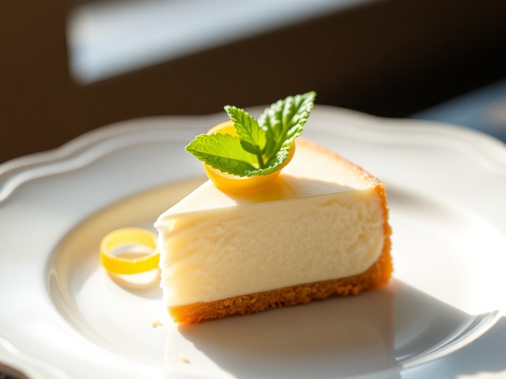 A single lemon cheesecake square on a plate with mint garnish.