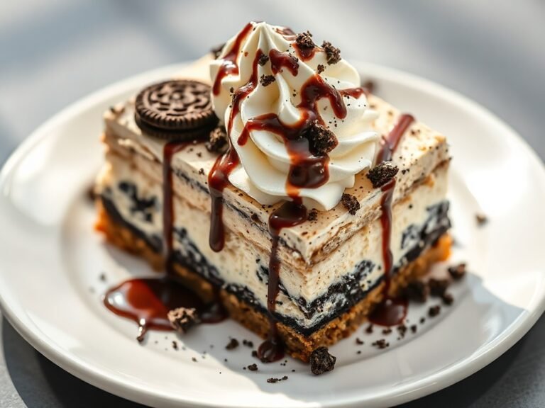 A slice of layered ice cream sandwich cake with whipped topping, chocolate syrup and cookie crumbs.