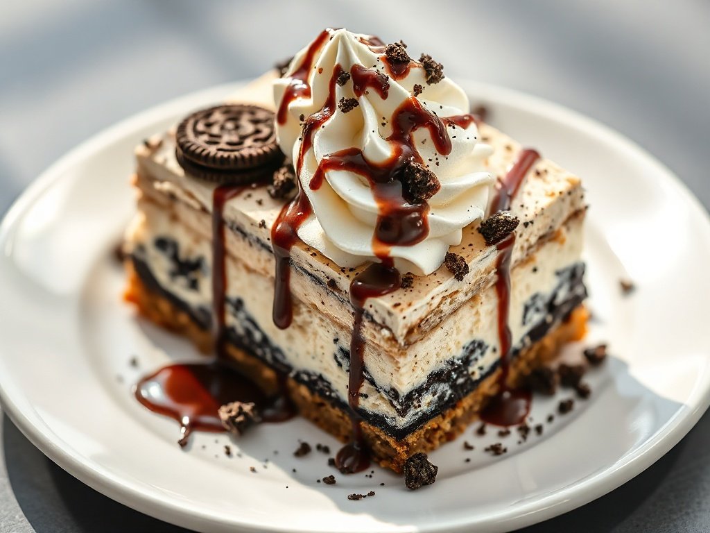A slice of layered ice cream sandwich cake with whipped topping, chocolate syrup and cookie crumbs.