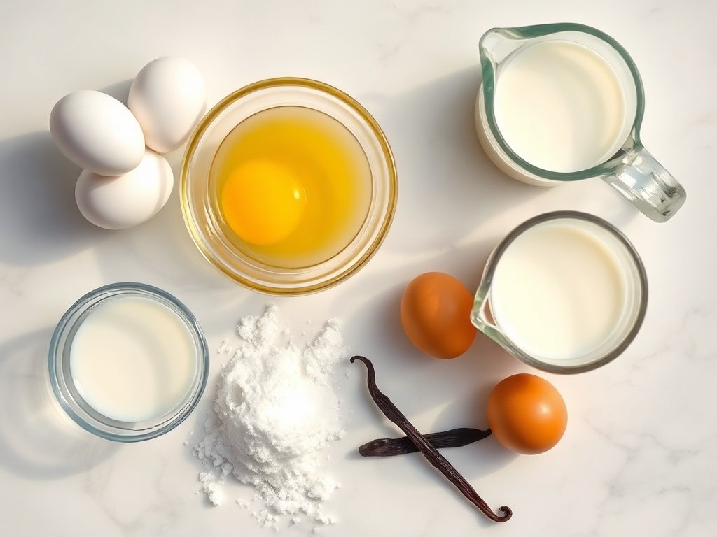 Overhead arrangement of eggs, cream, milk, sugar, and vanilla for making vanilla ice cream.