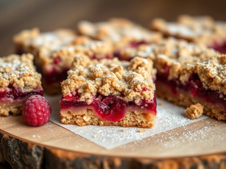 Close-up of homemade raspberry oatmeal crumble bars with golden crumble and fresh raspberry filling.