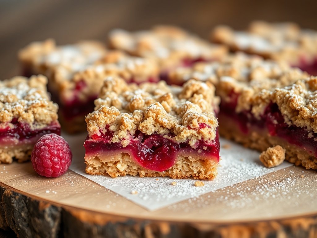 Close-up of homemade raspberry oatmeal crumble bars with golden crumble and fresh raspberry filling.