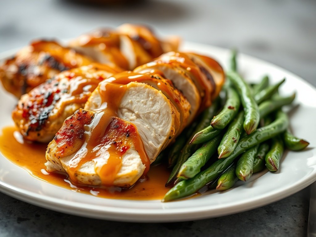 Sliced honey mustard chicken with green beans on a plate