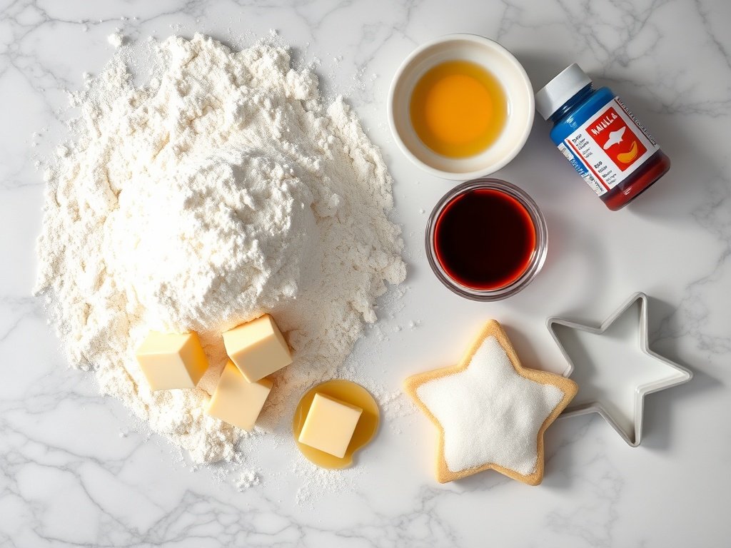 Ingredients for red white and blue patriotic cookies arranged on a marble countertop.