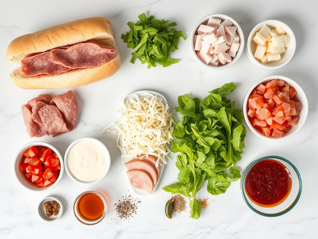 Top-down view of fresh ingredients for chopped Italian sandwich arranged on a marble surface.