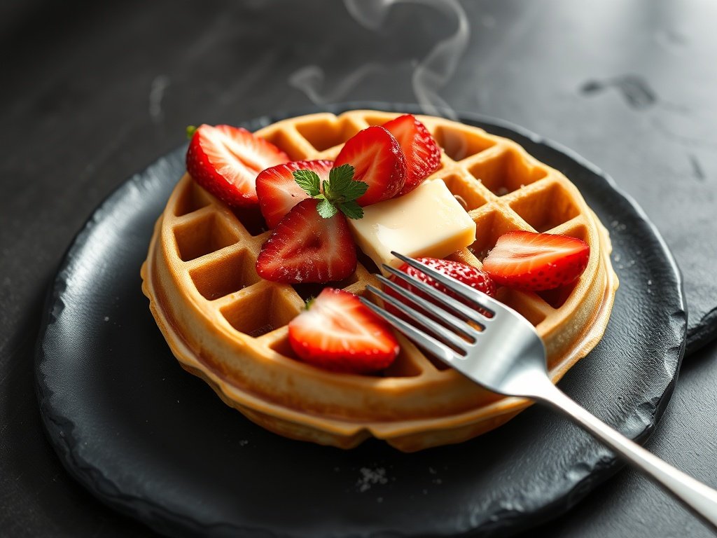 Single keto waffle with strawberries and butter on a dark plate