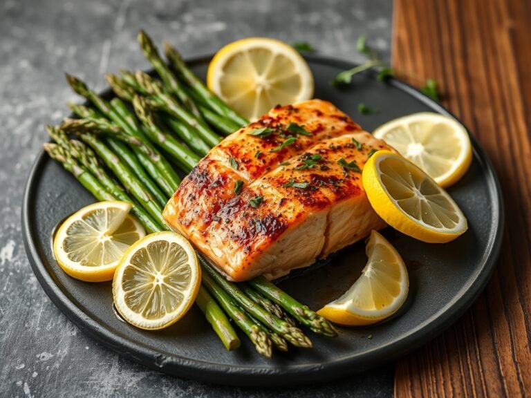 Healthy high protein low carb air fryer salmon with roasted asparagus on a stylish plate.
