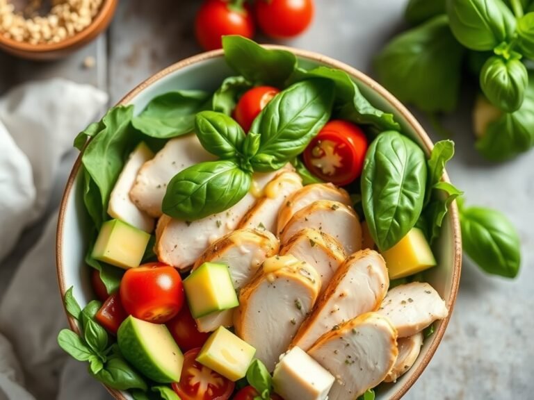 Basil chicken salad with avocado and tomatoes on a white bowl