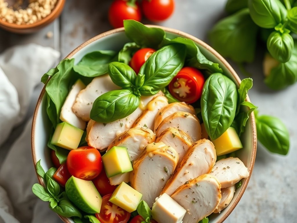 Basil chicken salad with avocado and tomatoes on a white bowl