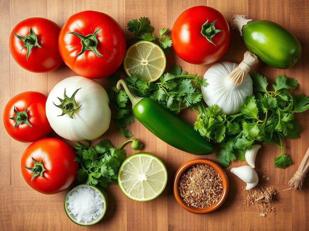 Fresh ingredients for homemade salsa on a wooden board