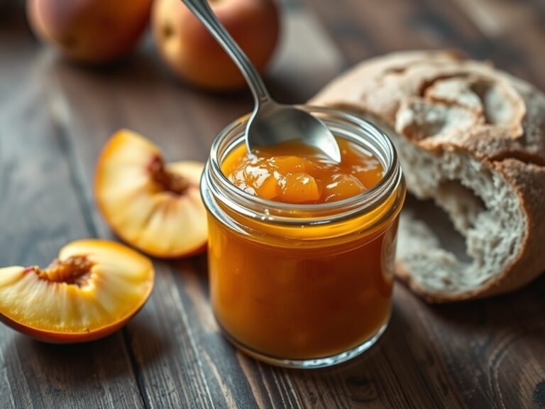 Jar of homemade peach jam with a spoon and fresh peaches