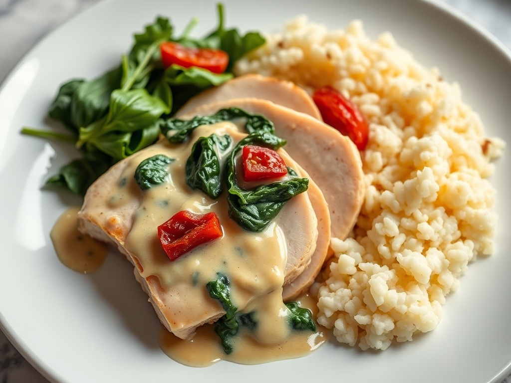 A beautifully plated serving of Creamy Tuscan Garlic Chicken with cauliflower rice on a white dinner plate.