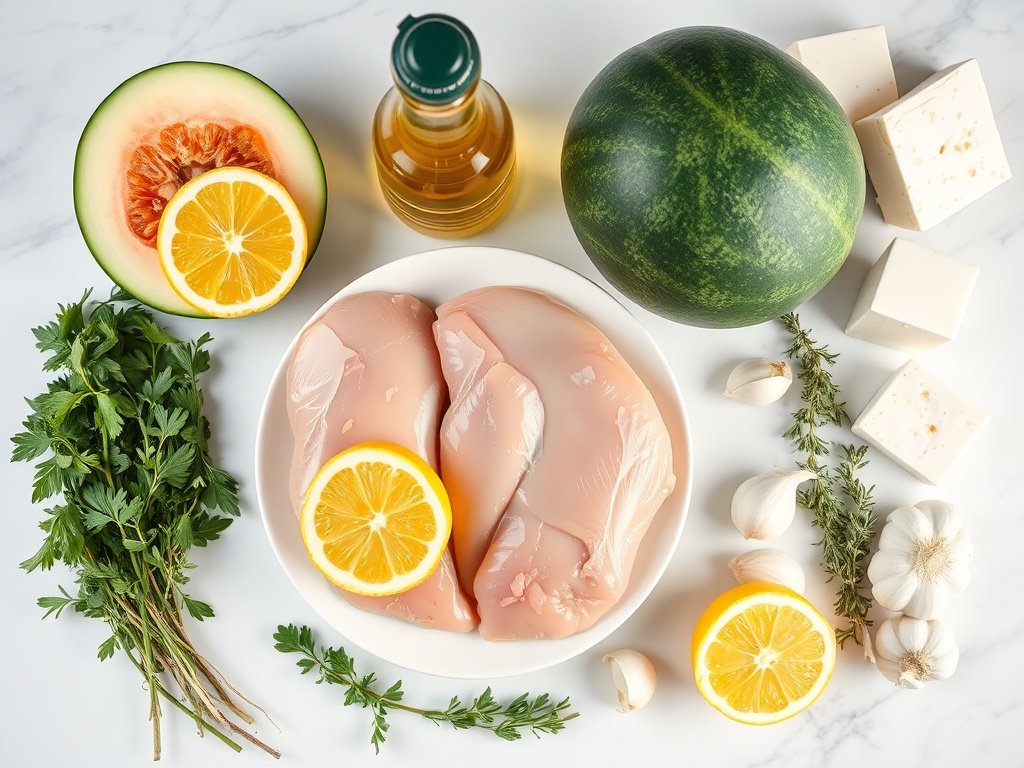 Flat lay of fresh chicken, lemons, herbs, watermelon and feta ingredients for healthy fourth of july food.