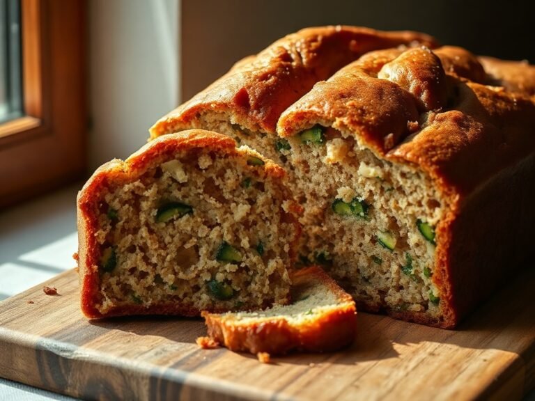 Sliced homemade zucchini bread loaf with golden crust and moist crumb on a wooden cutting board