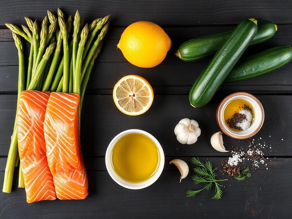Flat lay of raw salmon, asparagus, zucchini, lemon, garlic, olive oil, and dill on a dark wood table.