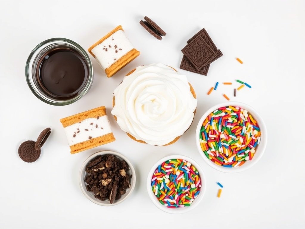 Ingredients needed to make an ice cream sandwich cake: ice cream sandwiches, whipped topping, chocolate syrup, cookies and sprinkles.