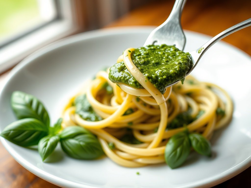 A fork twirling pasta coated in bright green basil pesto, with fresh basil leaves and a drizzle of olive oil on the plate.