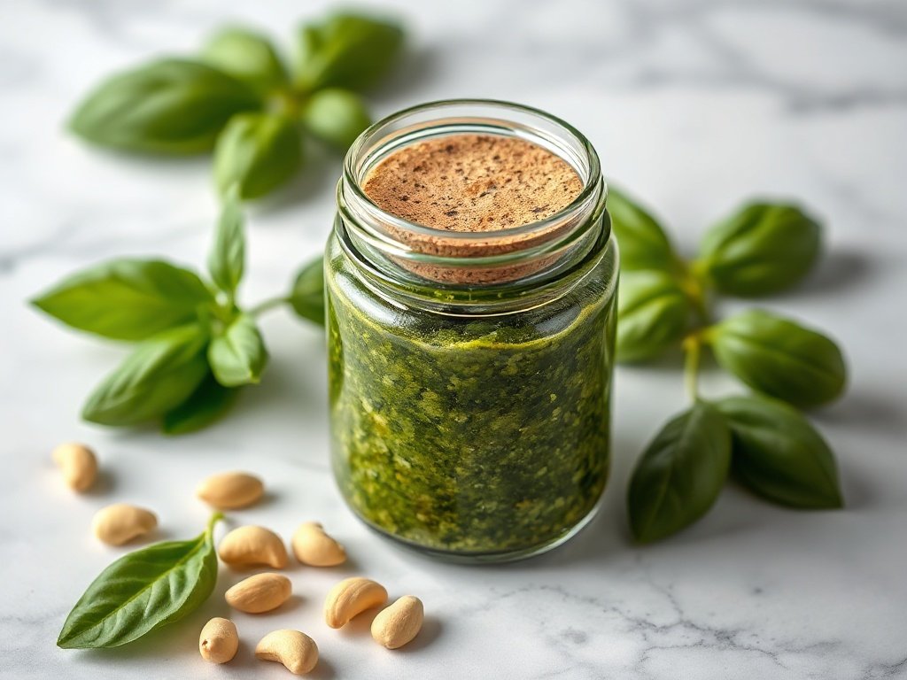 A mason jar filled with fresh homemade basil pesto on a marble countertop.