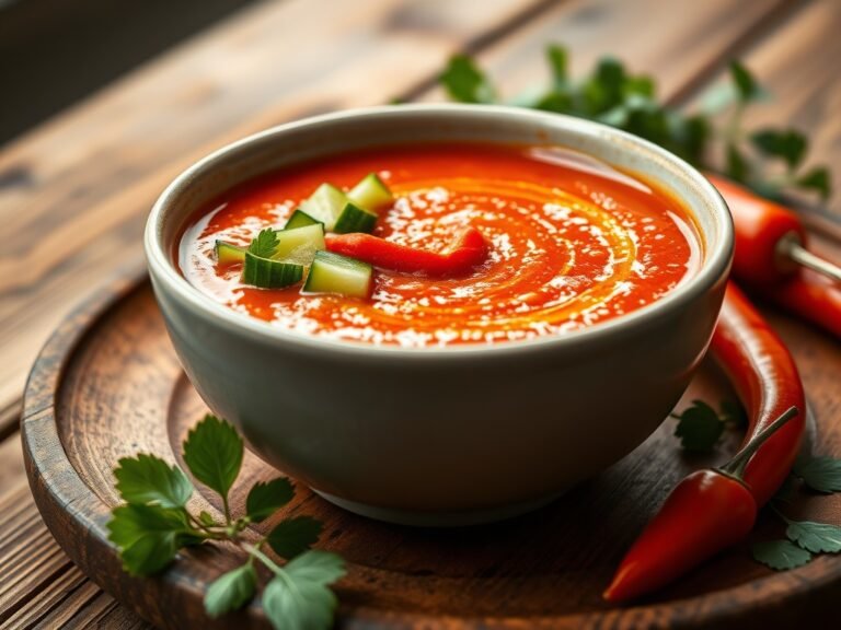 Bowl of chilled classic gazpacho garnished with fresh vegetables