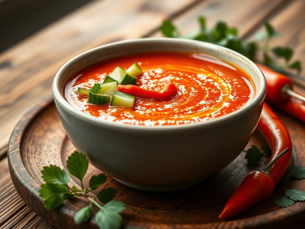Bowl of chilled classic gazpacho garnished with fresh vegetables