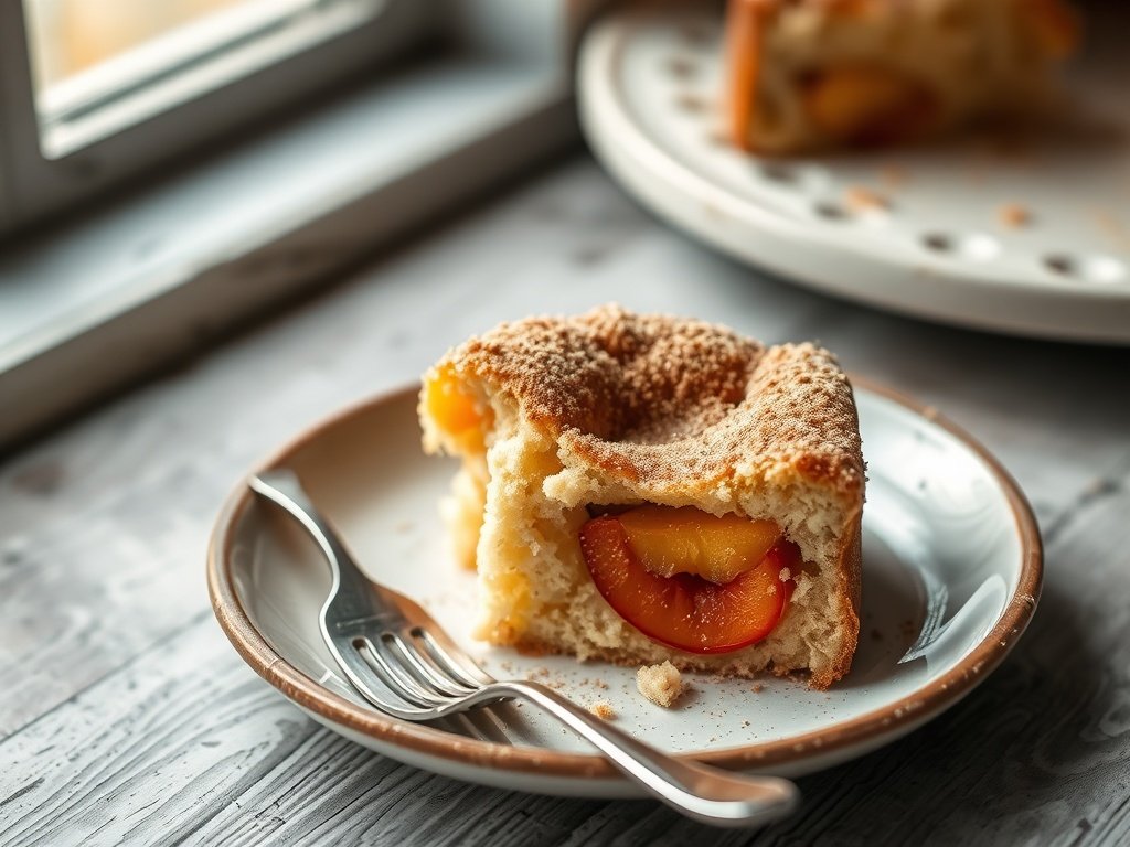 A slice of moist peach cake on a rustic plate with a fork