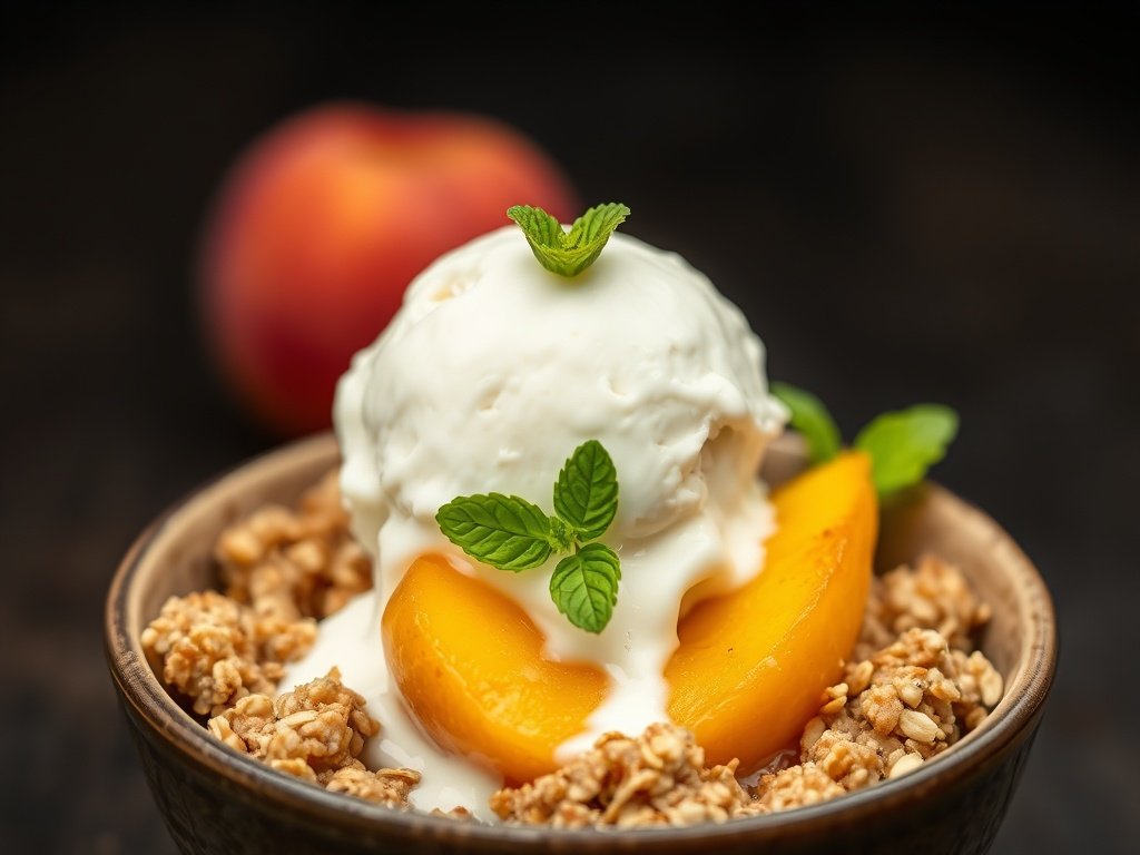 Bowl of peach crisp topped with vanilla ice cream and fresh mint.