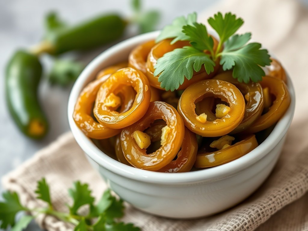 Bowl of pickled jalapeno rings with cilantro garnish.