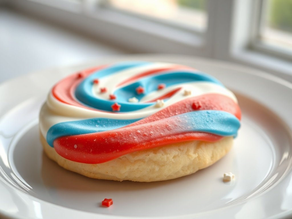 One decorated patriotic cookie with red white blue icing on a white plate.