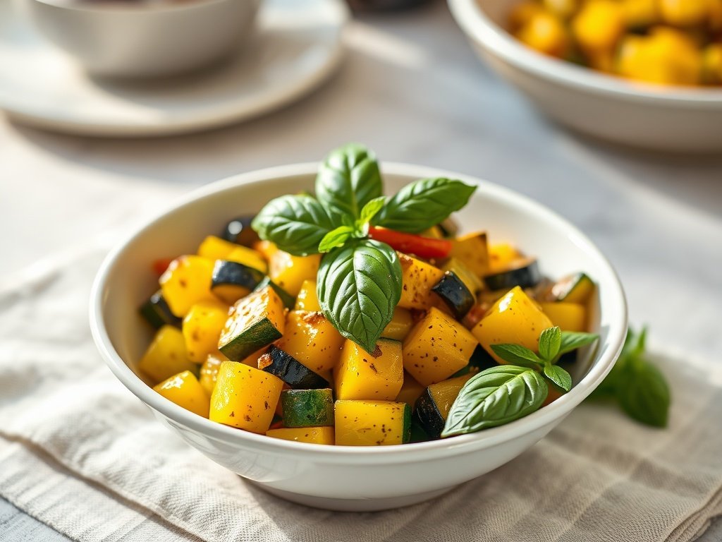 Plated sautéed zucchini and yellow squash garnished with fresh basil on a white serving bowl.