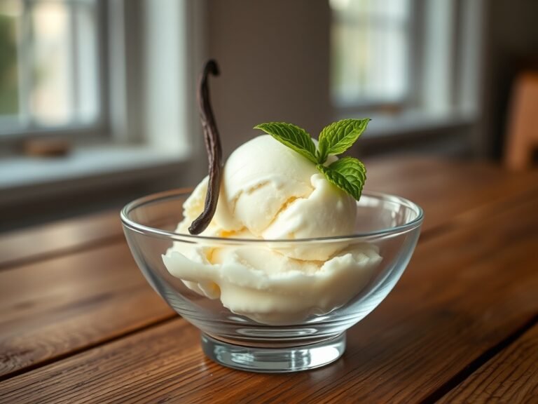 A scoop of creamy homemade vanilla ice cream in a glass bowl