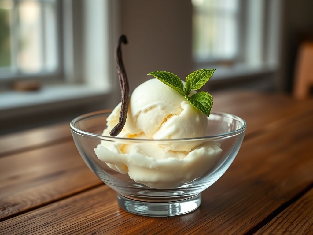 A scoop of creamy homemade vanilla ice cream in a glass bowl