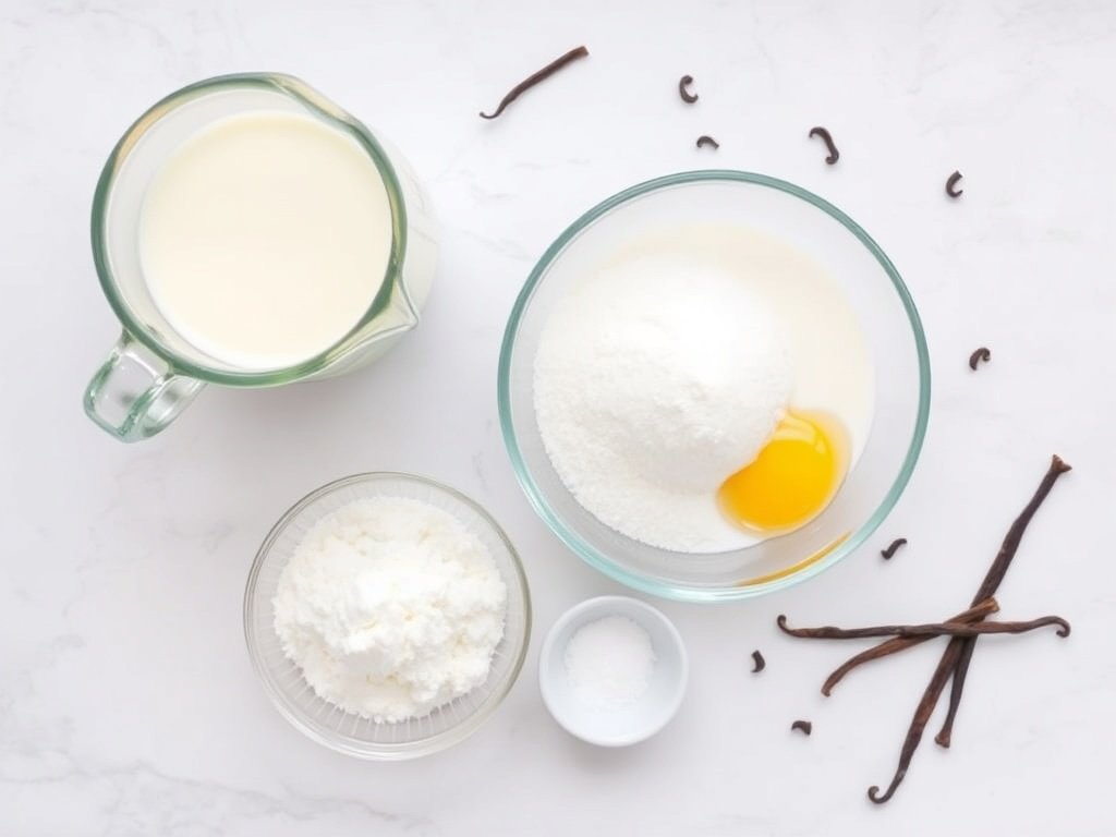 Flat lay of fresh ingredients for homemade vanilla ice cream