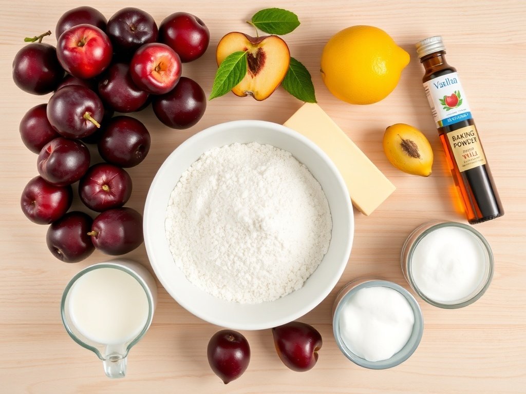 Top-down view of fresh plums and baking ingredients for plum cobbler