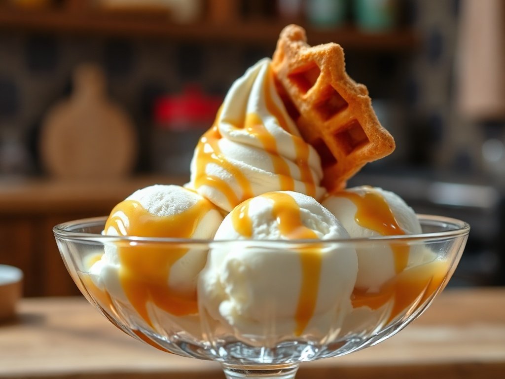Three scoops of homemade vanilla ice cream with caramel drizzle and a waffle piece.