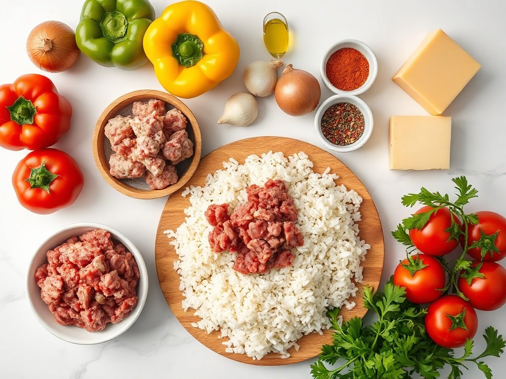 Flat lay of ground beef, rice, vegetables, cheese, and spices for a skillet recipe