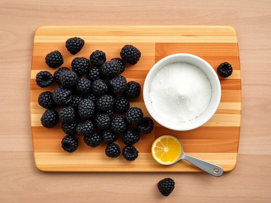 Fresh blackberries, sugar, and lemon ingredients for blackberry jam