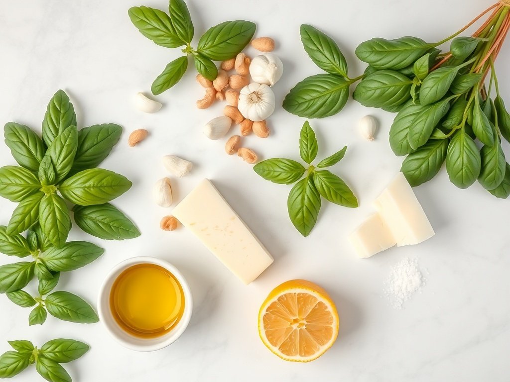 Top-down view of fresh basil leaves, pine nuts, garlic, Parmesan, olive oil, lemon, and salt arranged on a marble surface.
