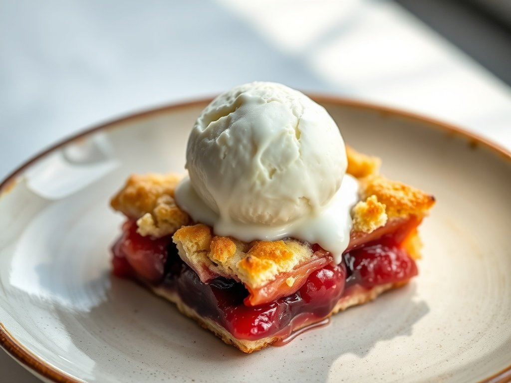 Slice of plum cobbler with vanilla ice cream melting on top