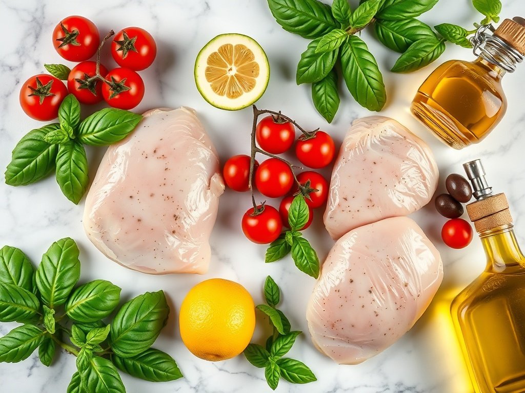 Fresh basil leaves, chicken, tomatoes, and avocado on marble