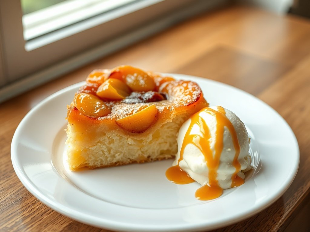 Slice of peach upside down cake with ice cream on plate