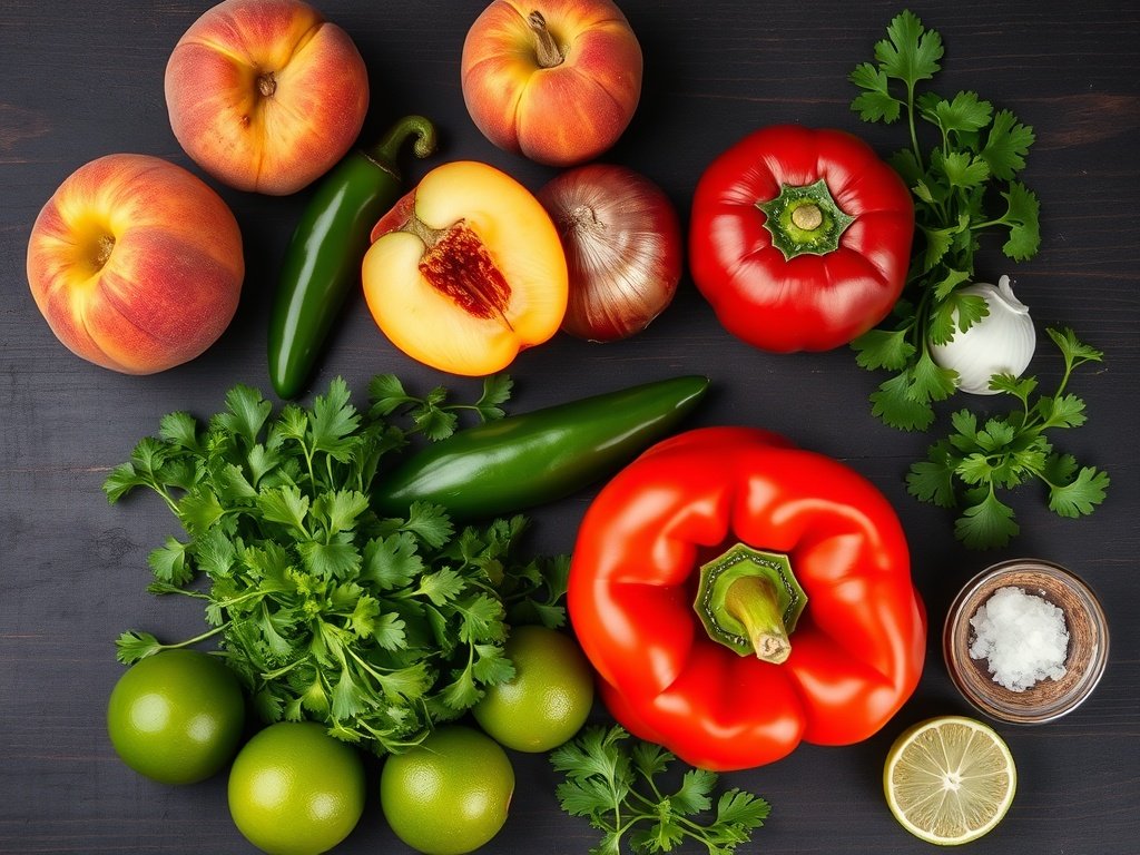 Flat lay of fresh peaches, onion, jalapeño, bell pepper, cilantro, and limes on a wooden board