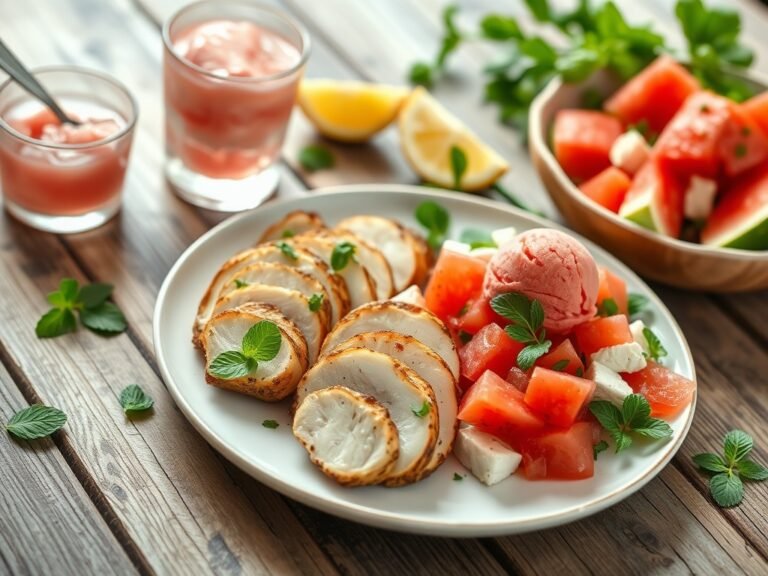 Plate of Air Fryer Lemon Herb Chicken with Watermelon Feta Salad and Watermelon Sorbet, perfect healthy fourth of july food.