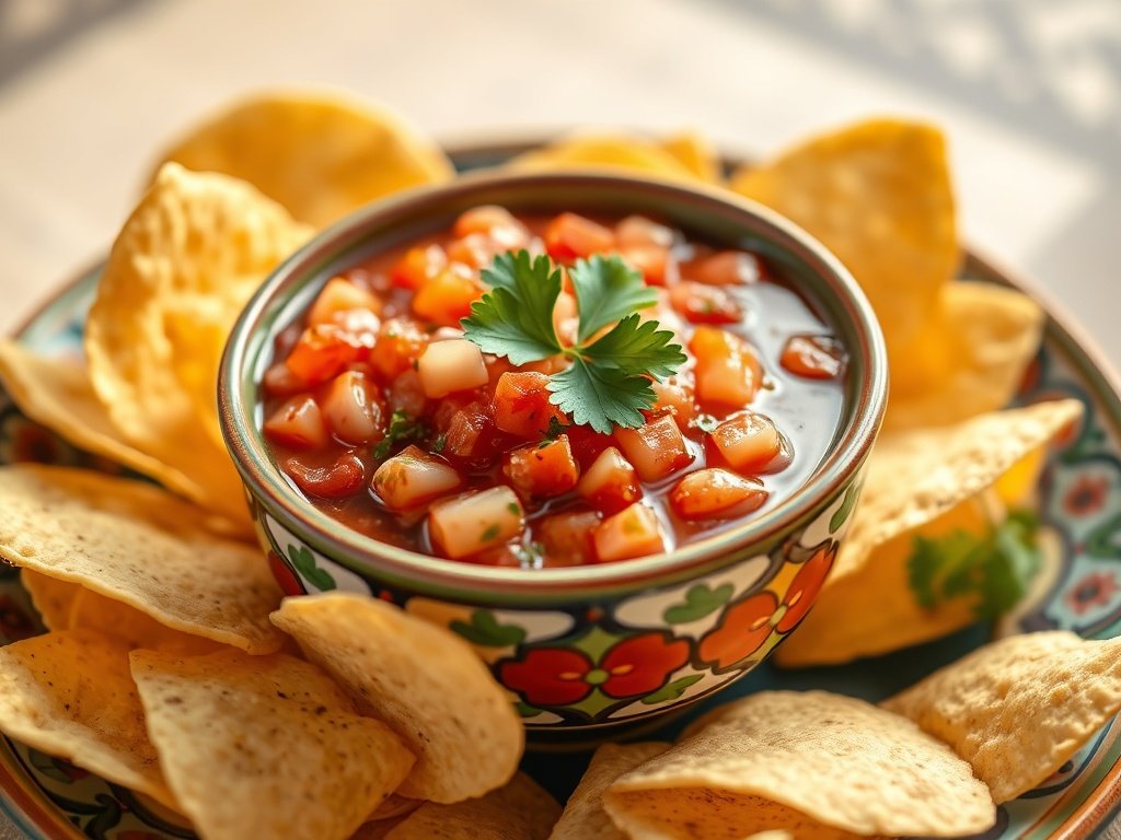 Plated homemade salsa with tortilla chips for dipping