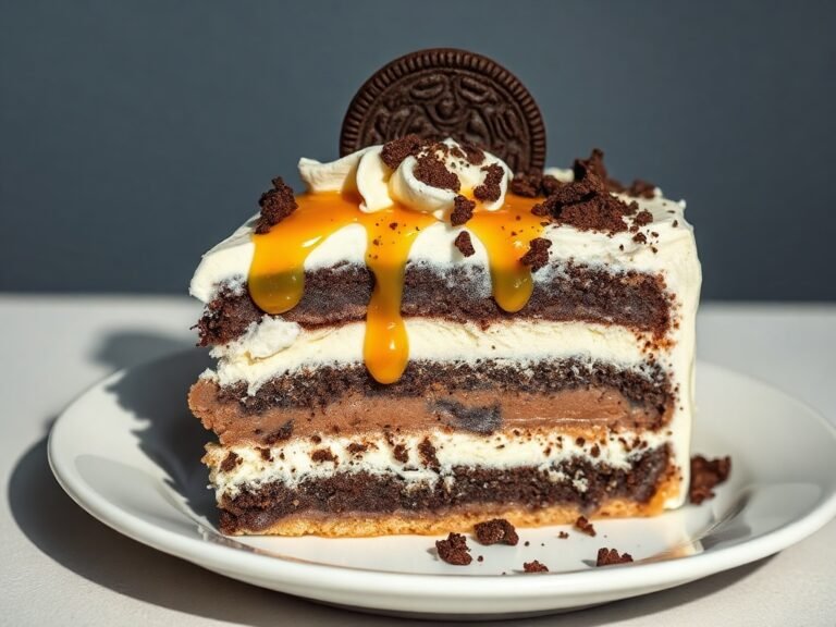 A slice of no-bake ice cream sandwich dessert with layers of ice cream, fudge, caramel, and whipped cream on a plate.