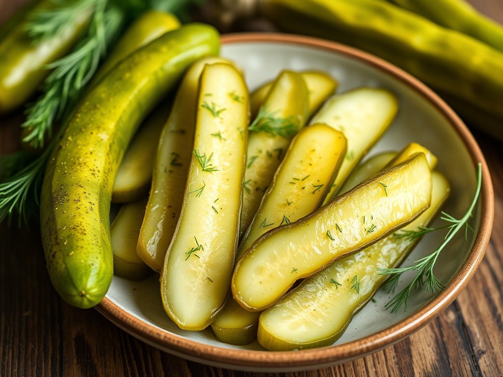 Sliced homemade dill pickle spears plated on a ceramic dish with fresh dill garnish
